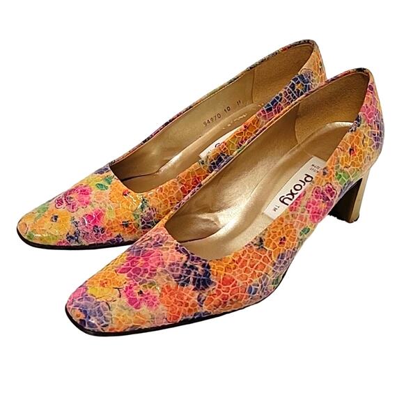 Proxy Women's Multi Colored Floral High Heels Made in Spain Gold Heels Size 10M - Picture 1 of 10